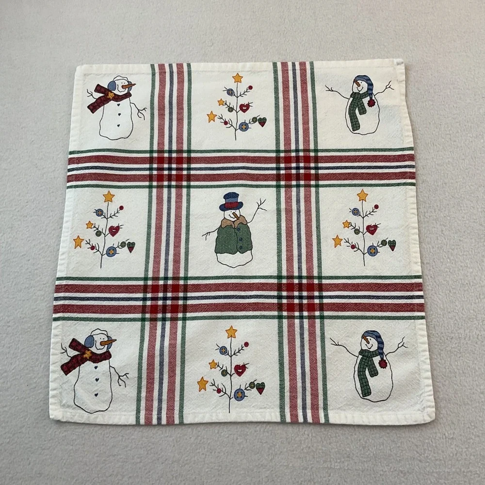 St Nicholas Square Snowman Plaid Cotton Napkins Set of 9 White Red Green Holiday